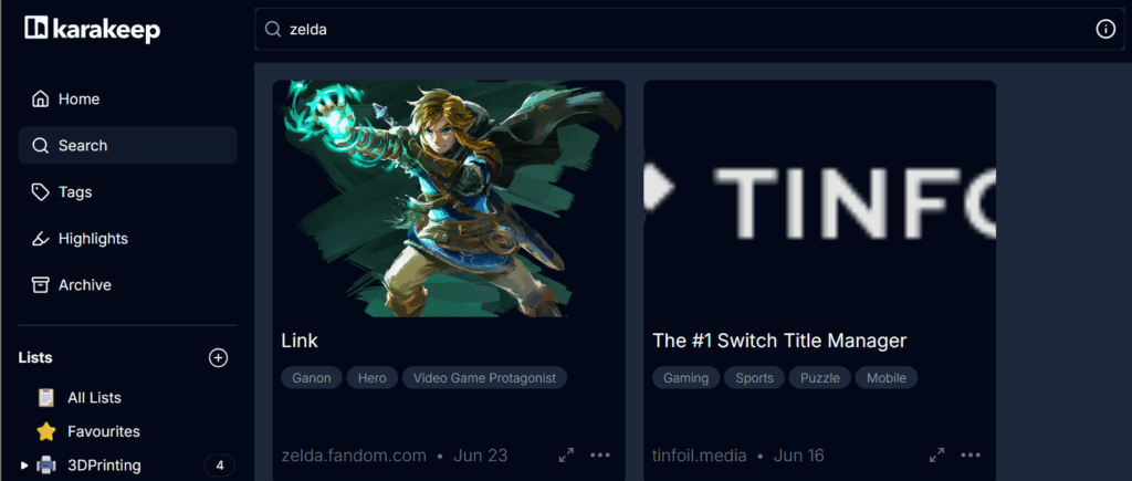 Screenshot der Karakeep-Oberfläche mit aktiver Suche nach "zelda", zeigt zwei Suchergebnisse: Links Bild von Link aus The Legend of Zelda mit den automatisch generierten Tags Ganon, Hero und Video Game Protagonist, rechts die Tinfoil-App mit den Tags Gaming, Sports, Puzzle und Mobile