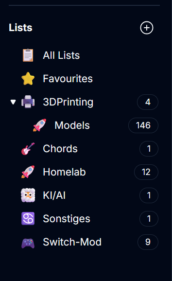 Screenshot der Karakeep-Seitenleiste zeigt die Listen-Übersicht mit verschiedenen Kategorien: All Lists, Favourites (Stern-Icon), 3DPrinting (4 Einträge), Models (146 Einträge), Chords (1 Eintrag), Homelab (12 Einträge), KI/AI (1 Eintrag), Sonstiges (1 Eintrag) und Switch-Mod (9 Einträge)