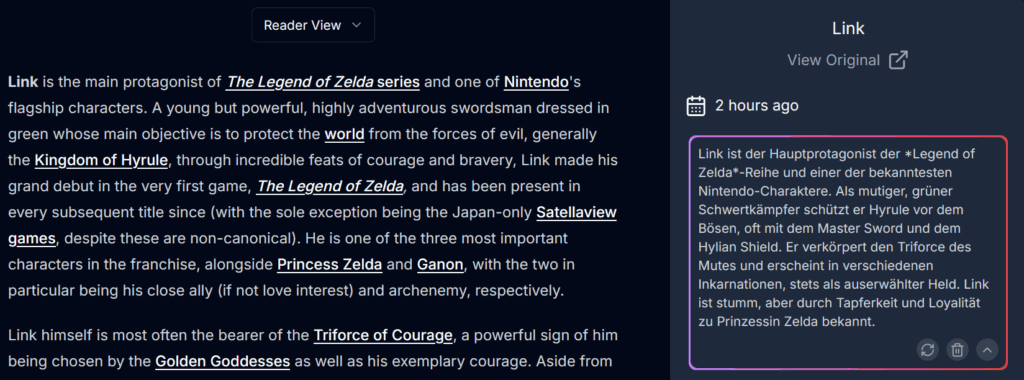 Screenshot der Karakeep Reader View zeigt die Zusammenfassungsfunktion: Links der englische Originaltext über Link aus The Legend of Zelda, rechts in einem rot umrandeten Kasten die automatisch generierte deutsche Zusammenfassung des Inhalts, die die wichtigsten Informationen über den Charakter kompakt wiedergibt