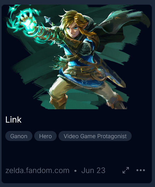 Screenshot der Karakeep-Anwendung zeigt Link aus The Legend of Zelda in dynamischer Kampfpose mit leuchtender türkiser Magie in der rechten Hand, darunter die automatisch generierten Tags: Ganon, Hero und Video Game Protagonist